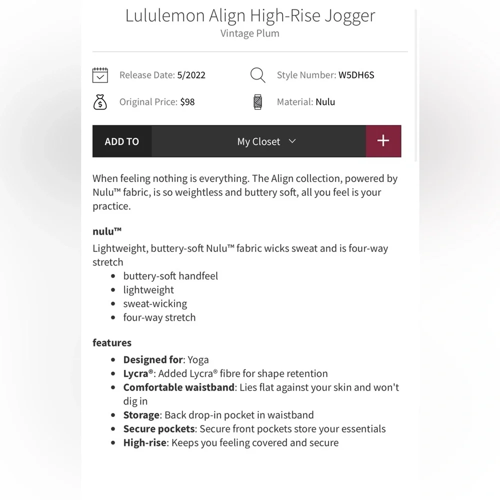 LULULEMON Align High Rise Joggers Vintage Plum Size 0 Leggings 28 inseam - Picture 3 of 8